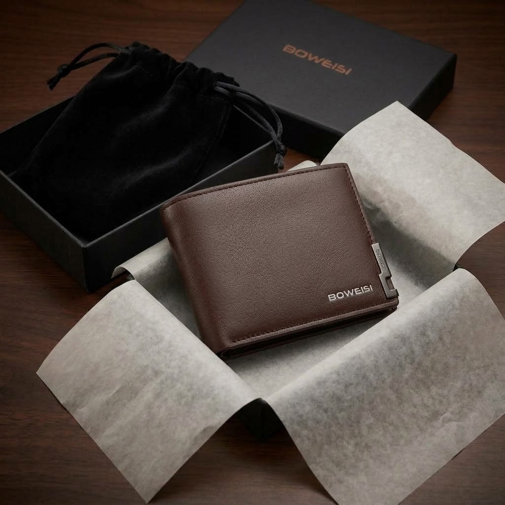 BOWEISI Premium Men's Black Leather Wallet - Complete Gift Set