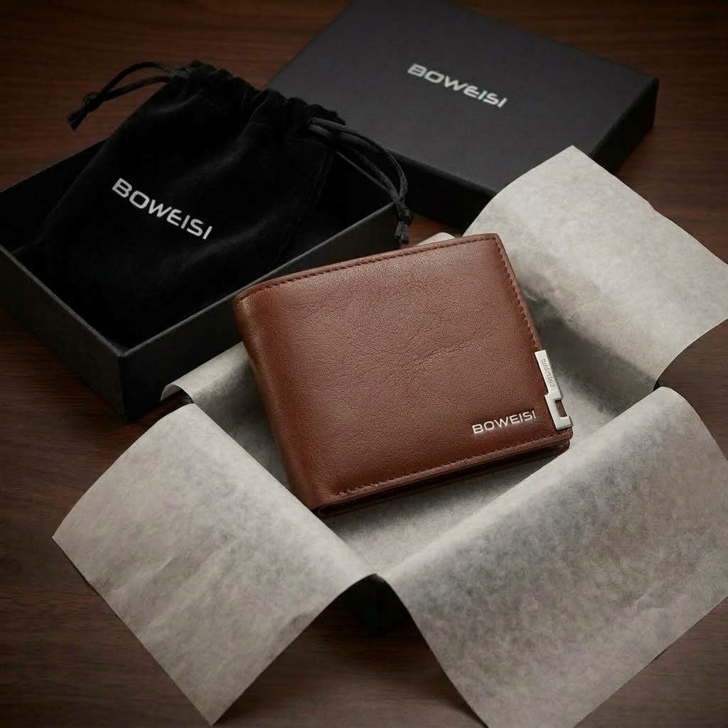 BOWEISI Premium Men's Black Leather Wallet - Complete Gift Set